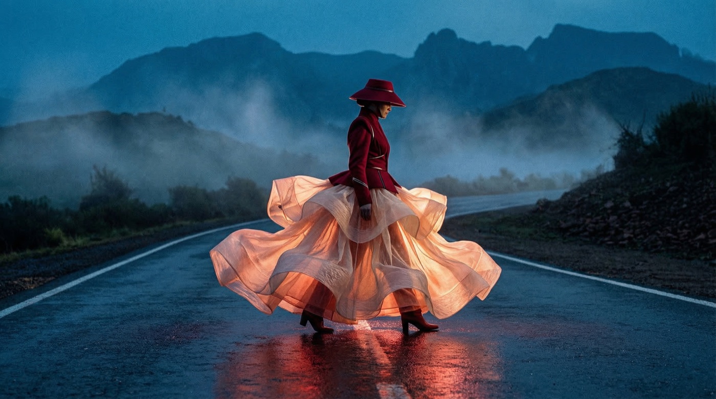 Fashion editorial on mountain road